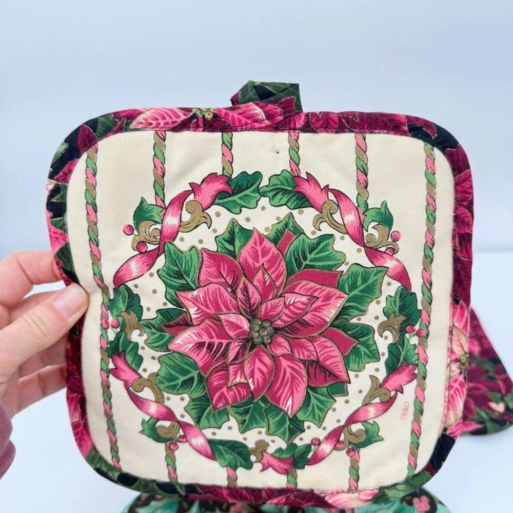 Poinsettia Cottage Country‎ Core Floral Pot Holder 3 Pc Christmas Kitchen Decor
